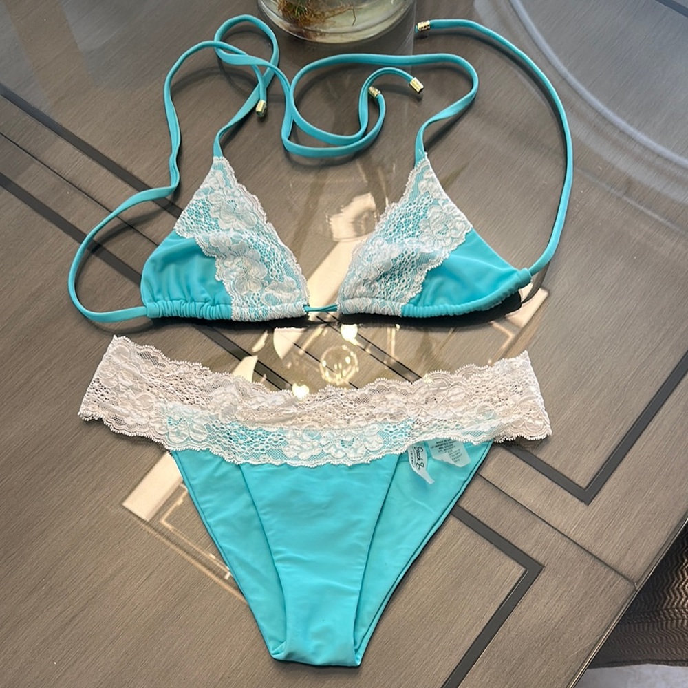 Beach Bunny Lady Lace Turquoise Lace Trim Bikini Set